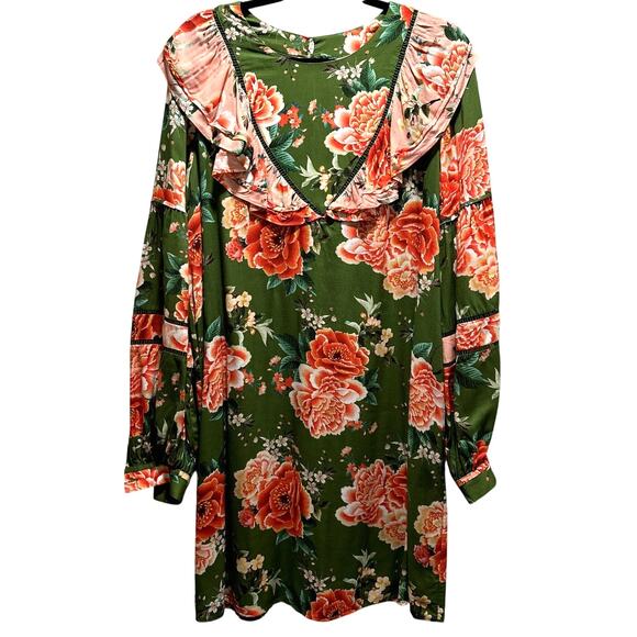 Farm Rio Green Floral Ruffle Collar Mini Dress – Size L - Picture 1 of 3
